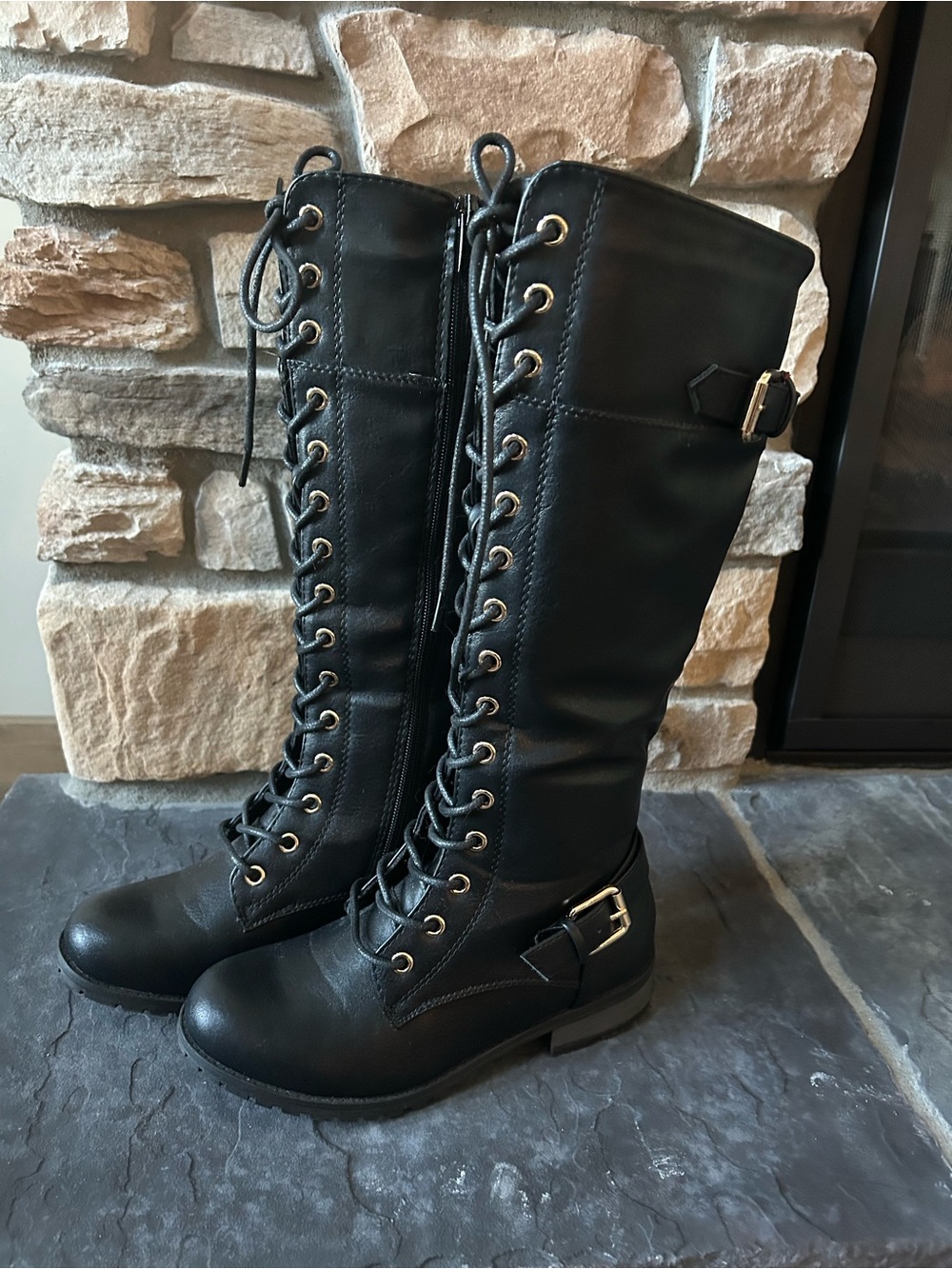 Forever 21 Black Lace-Up Knee Boots with Buckle Detail